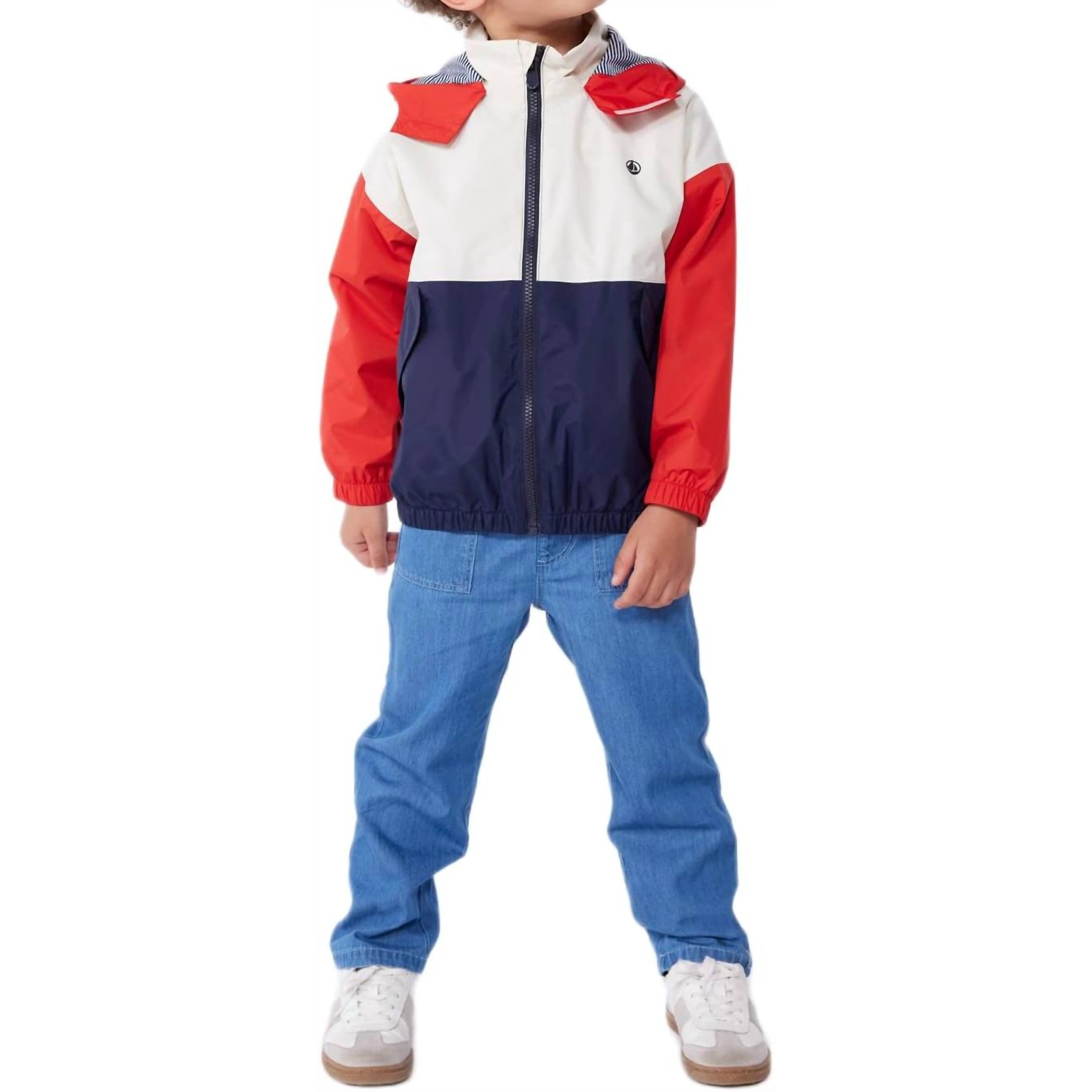 New Petit Bateau Boy's Hooded Jacket In Red Navy